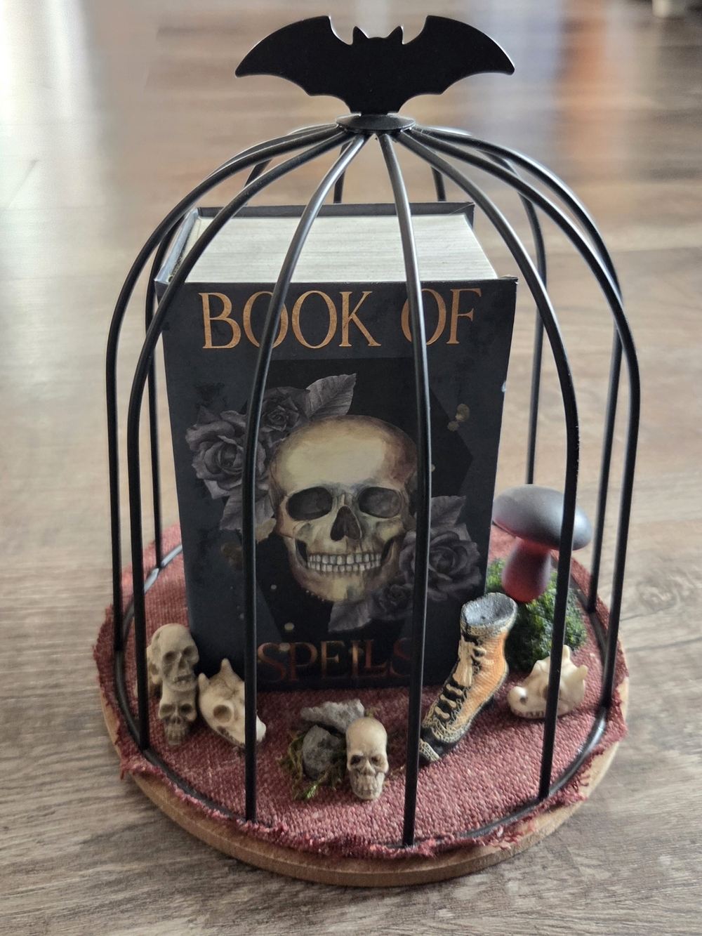 OOAK Black Bat Cage Witchy Skull Tabletop Decor